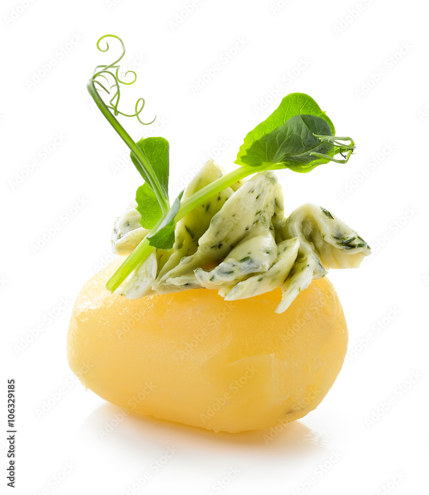 boiled potato decorated with dill and garlic butter