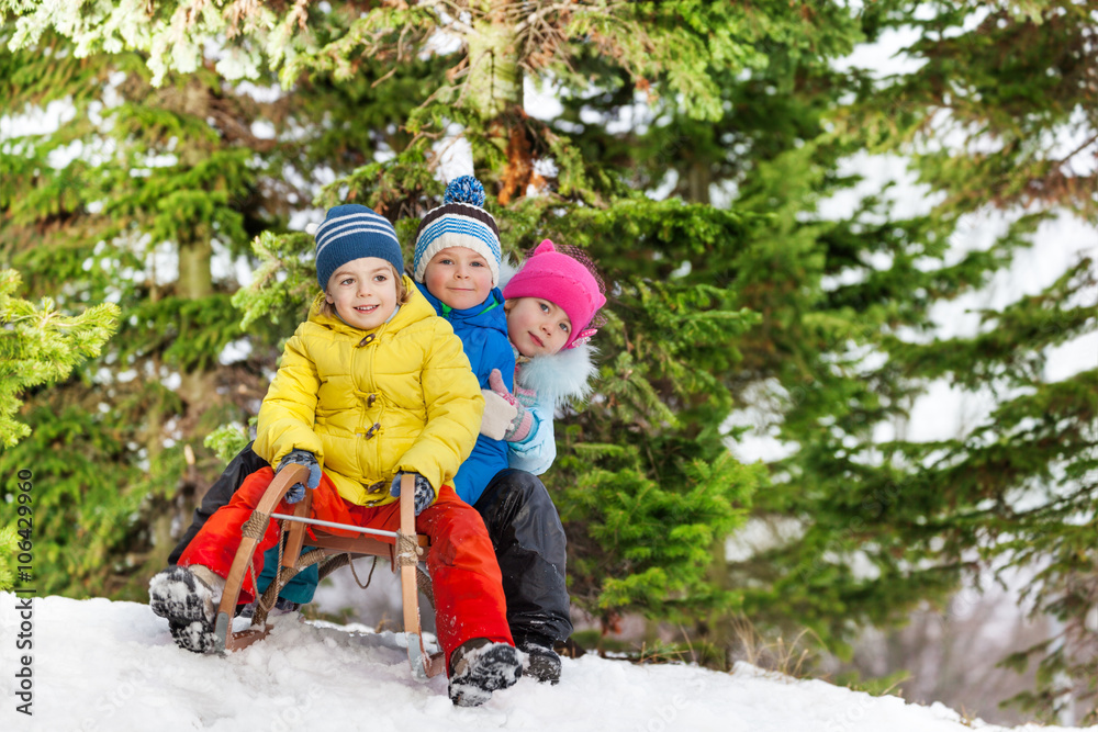 Children little boys and girl slide on sledge 