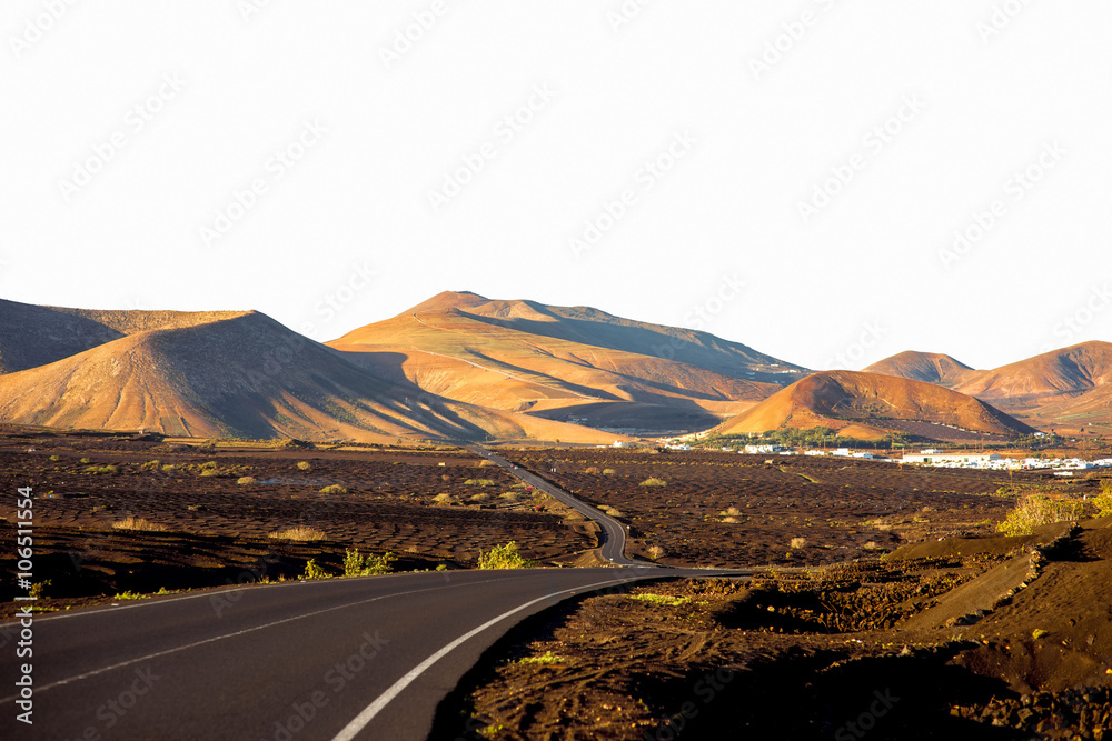 早上在Lanzarote islan的La Geria村附近的火山葡萄园和葡萄园的俯视图