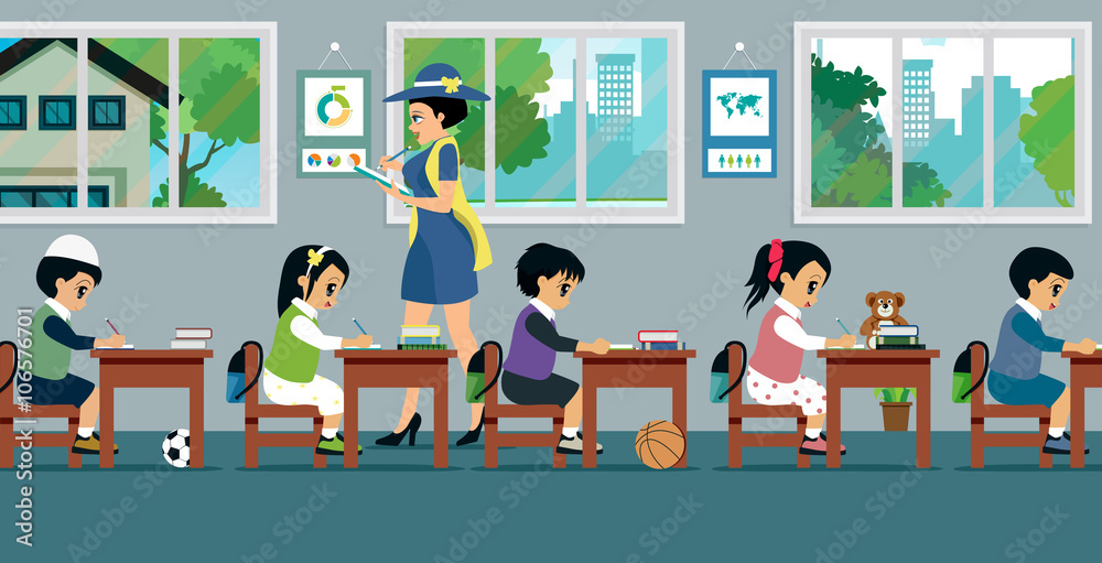 Children in class with women teachers are teaching.