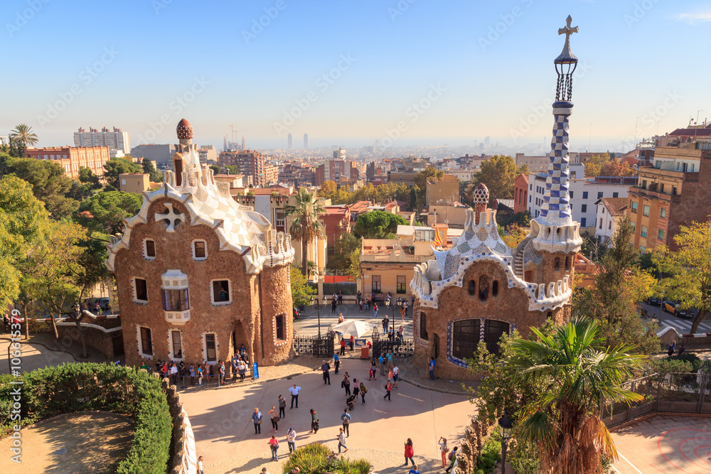 Park Güell entrance buildings in Barcelona, Spain