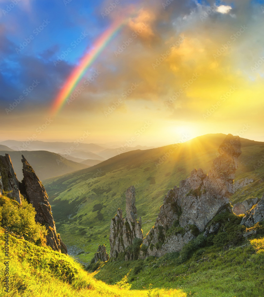 Mountain valley during sunrise. Natural summer landscape