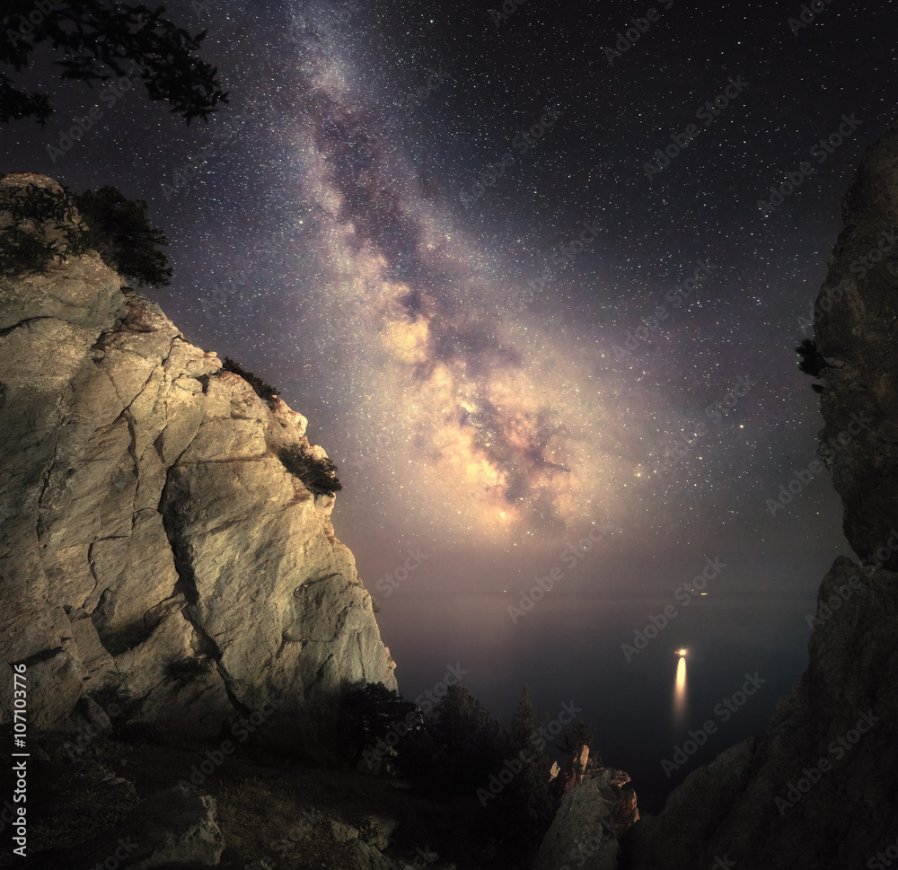 Milky Way. Beautiful night landscape with rocks and starry sky