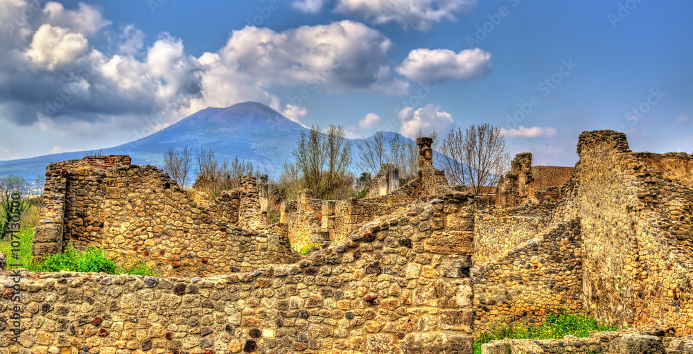 Ruins of Pompeii with Mount Vesuvius in the background