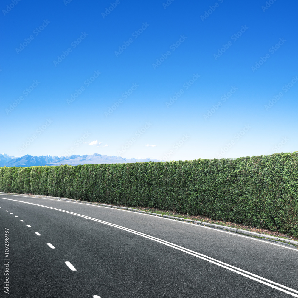 empty asphalt road through forest and mountains in blue sky