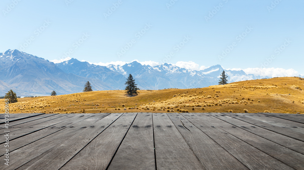 empty wood floor with pasture near snow mountains in blue sky