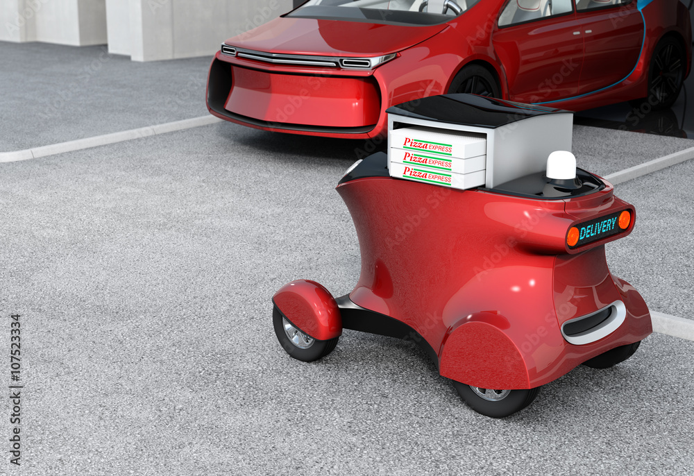 Metallic red self-driving delivery robot stopped in front of the garage.  The trunk opened and pizza