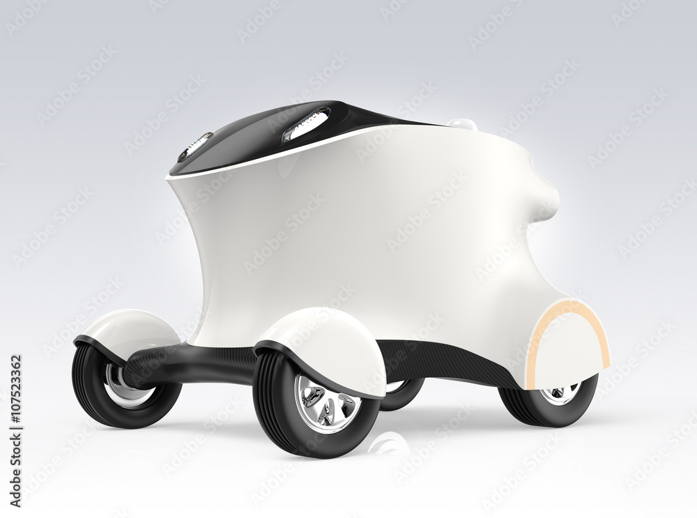 Concept of self-driving delivery robot car. The robot can carry pizza, hamburger without driver. Cop