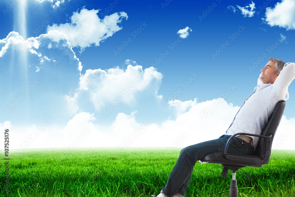 Composite image of side view of man sleeping on chair