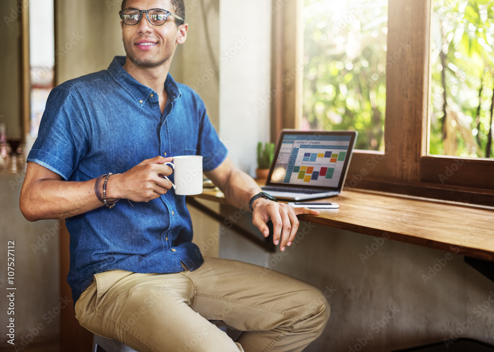 Man Working Coffee Shop Connecting Laptop Concept