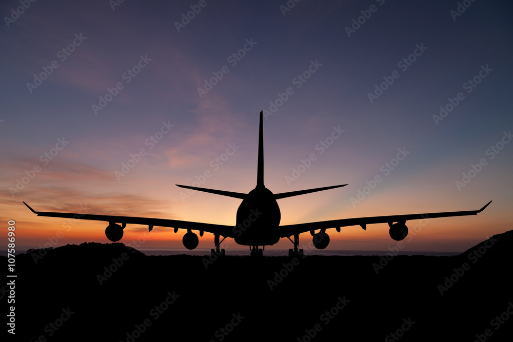 美丽日落下的航空公司客机剪影