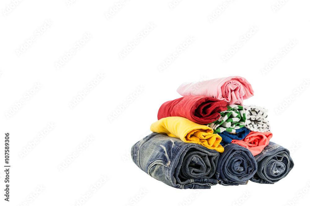 Pile of colorful clothes and Beautiful summer isolated on white