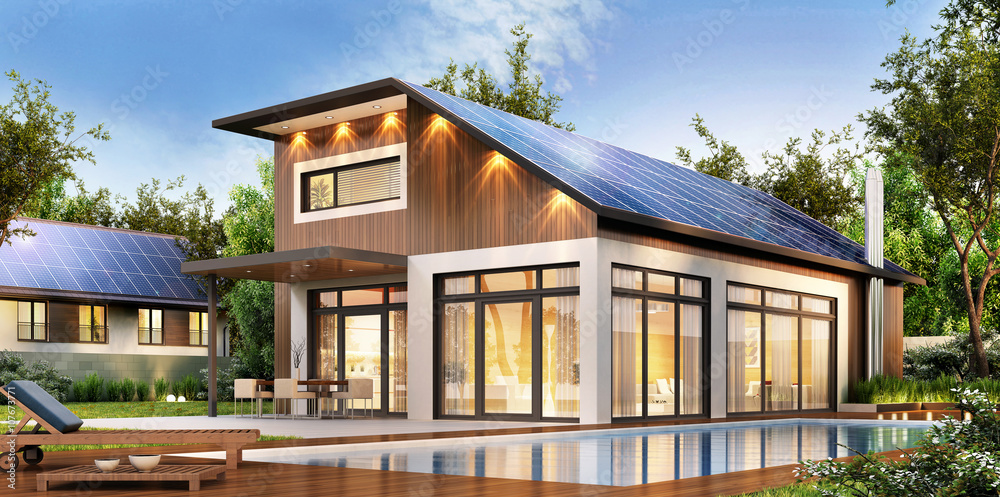 Modern house with solar panels on the roof