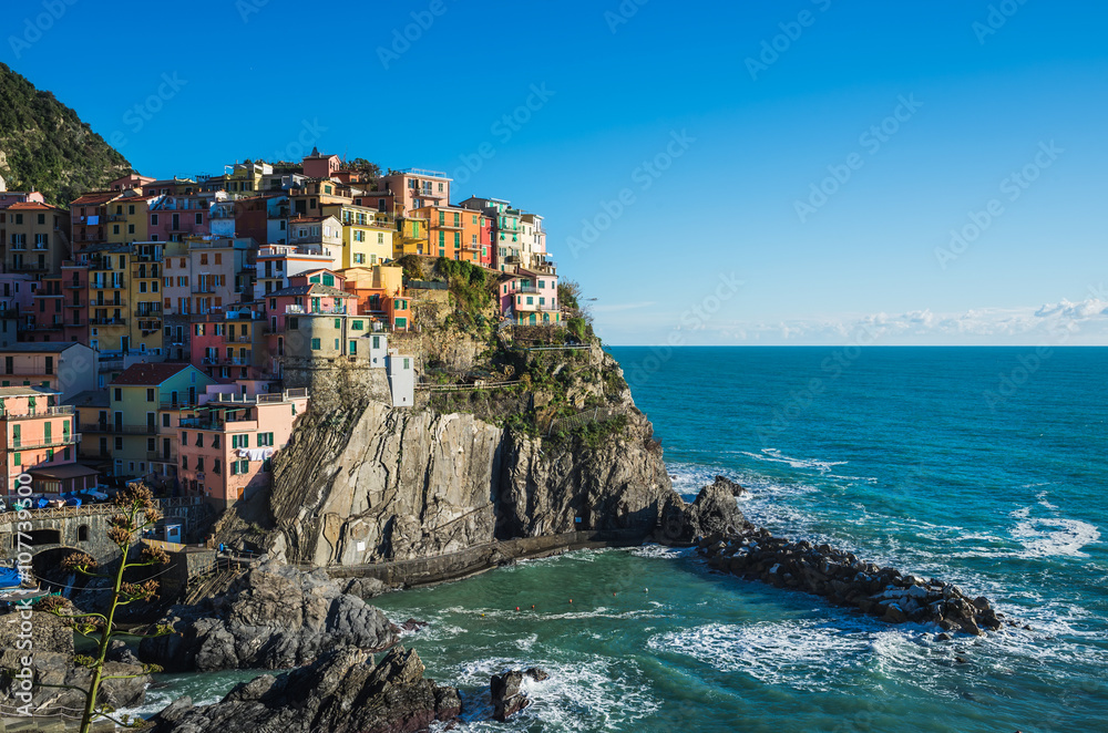 Scenic view of Manarola village and the sea in Liguria region, Cinque Terre, northern Italy on clear