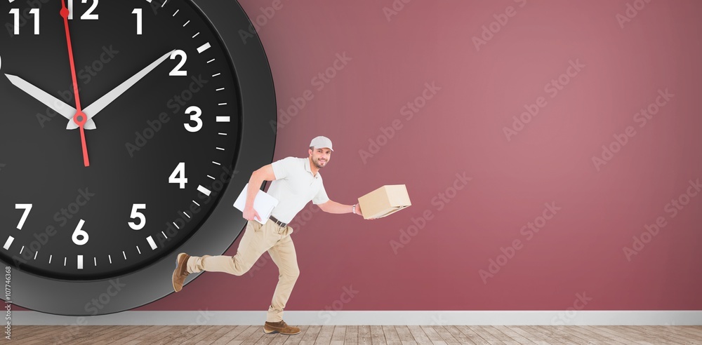 Delivery man with cardboard boxes running 