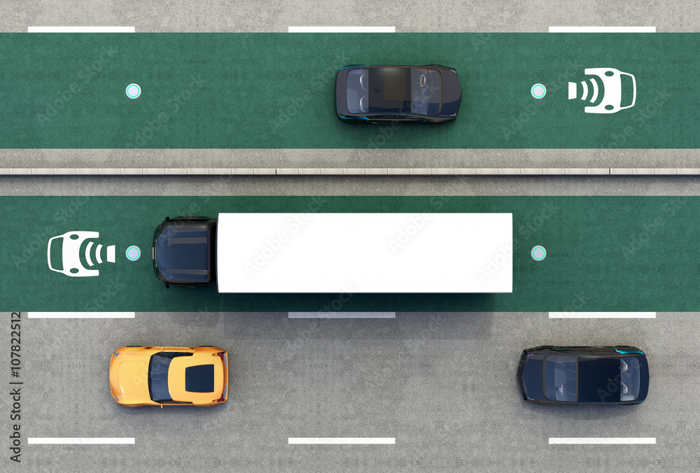 Aerial view of hybrid truck and blue electric car on wireless charging lane. 3D rendering image.