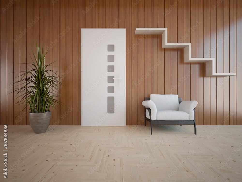 Wooden interior of living room with colored furniture