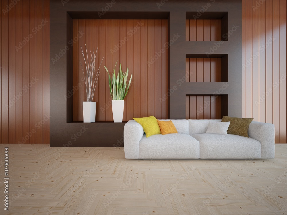 Wooden interior of living room with colored furniture