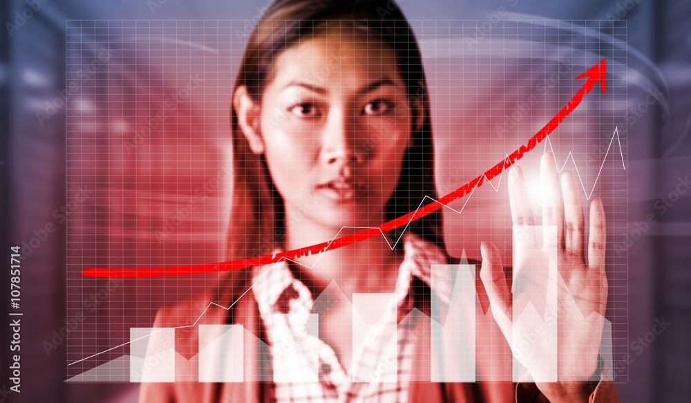 Composite image of serious businesswoman showing her hand