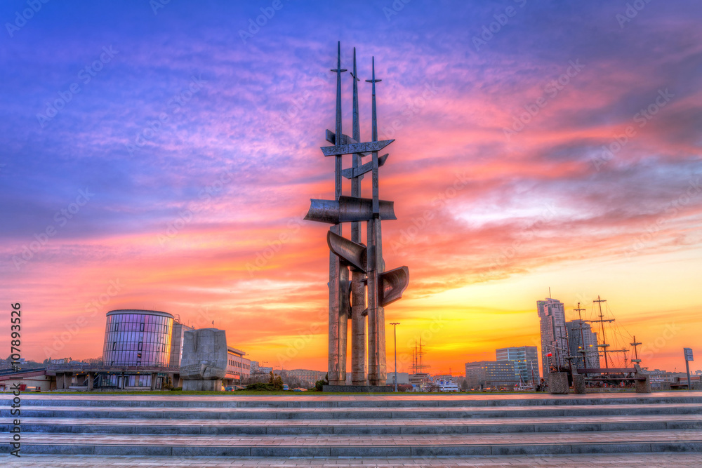 Gdynia monument near Baltic Sea at sunset