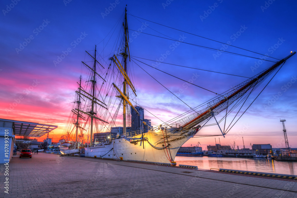 Sunset in Gdynia city at Baltic sea, Poland