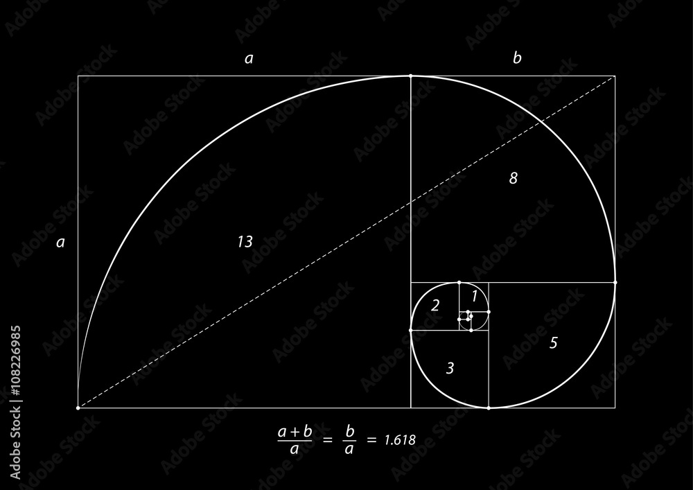 Golden section (ratio, divine proportion) and golden spiral on black