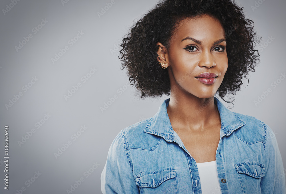 Beautiful black woman with blue jean shirt