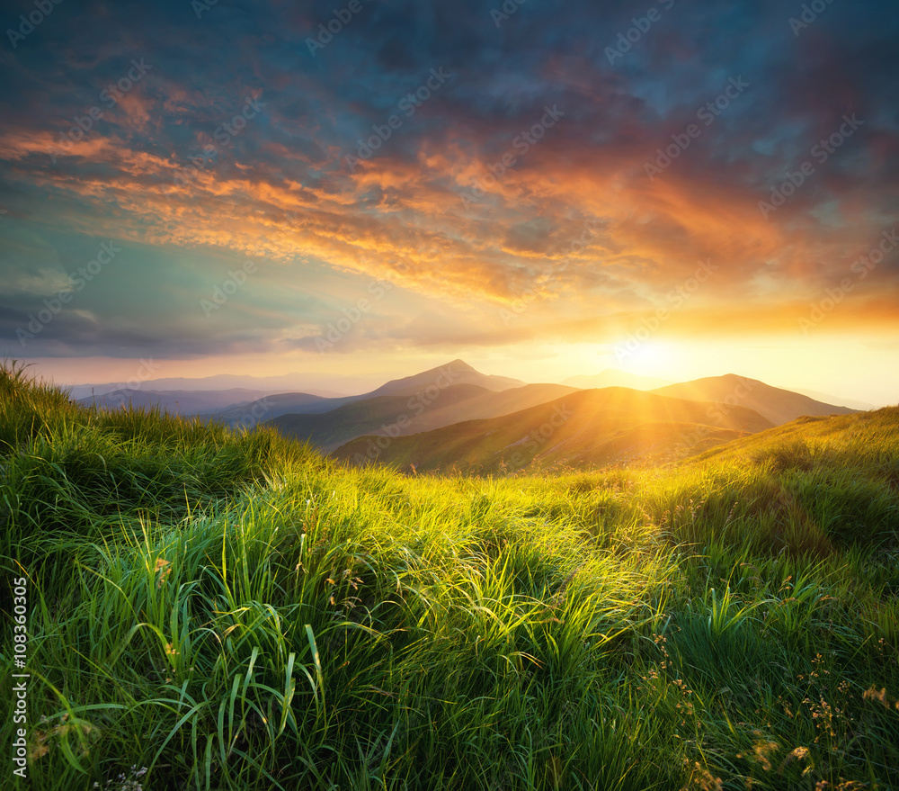 Mountain valley during sunset. Natural summer landscape