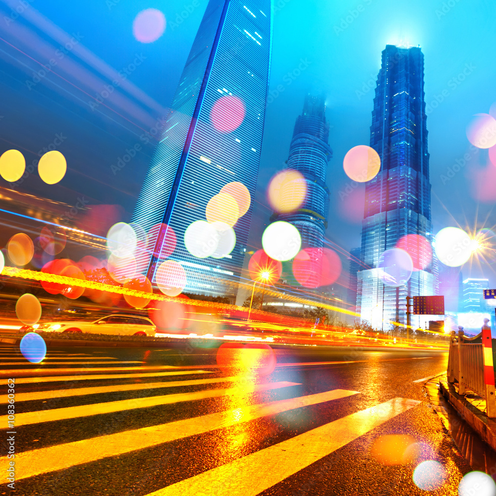 the light trails on the modern building background in shanghai china