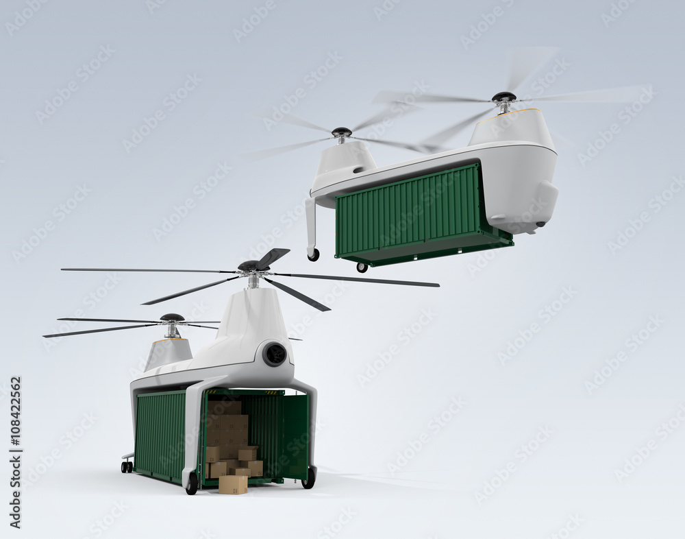 Two cargo drones on the light blue background. 3D rendering image.