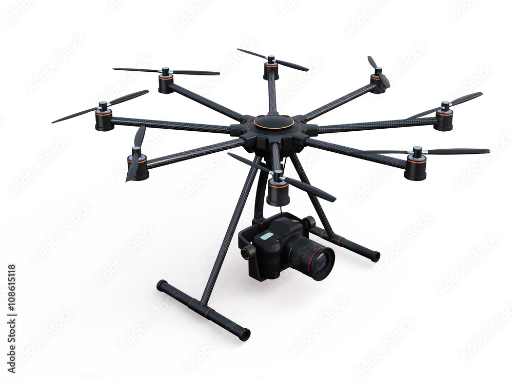 带单反相机的Octocopter，隔离在白色背景上。带剪切路径的3D渲染图像。