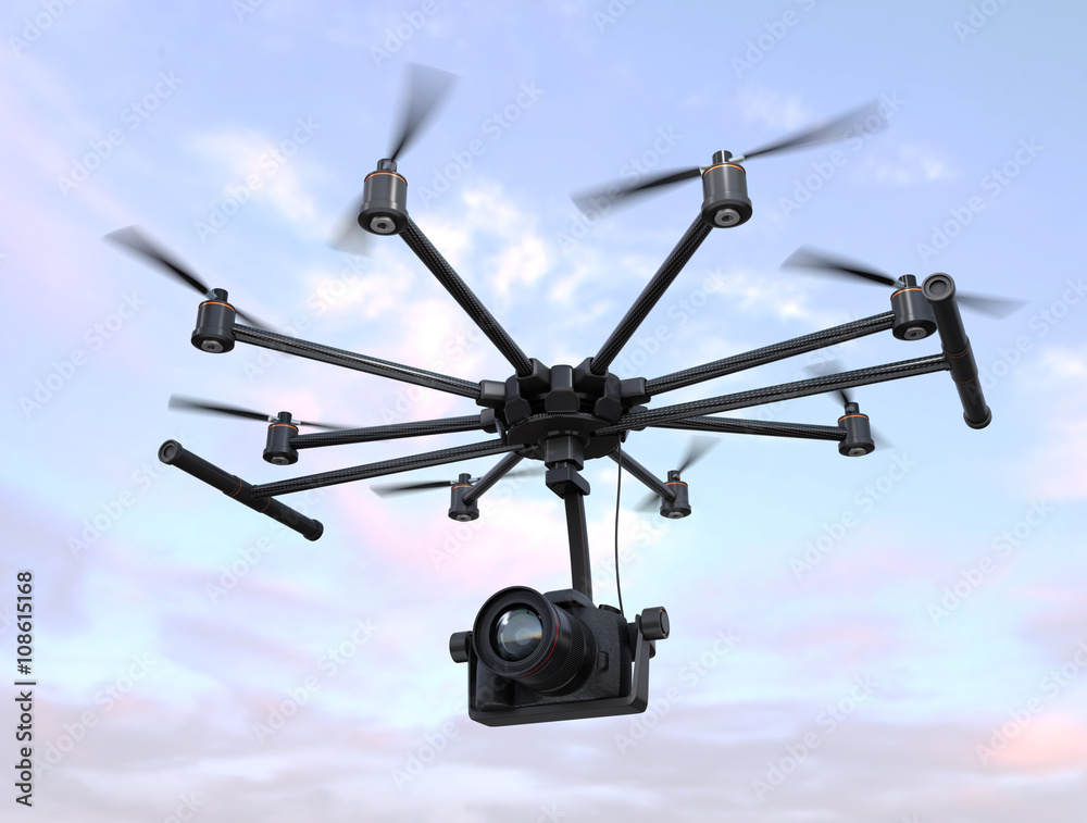 Octocopter with DSLR camera flying in the sky. 3D rendering image.