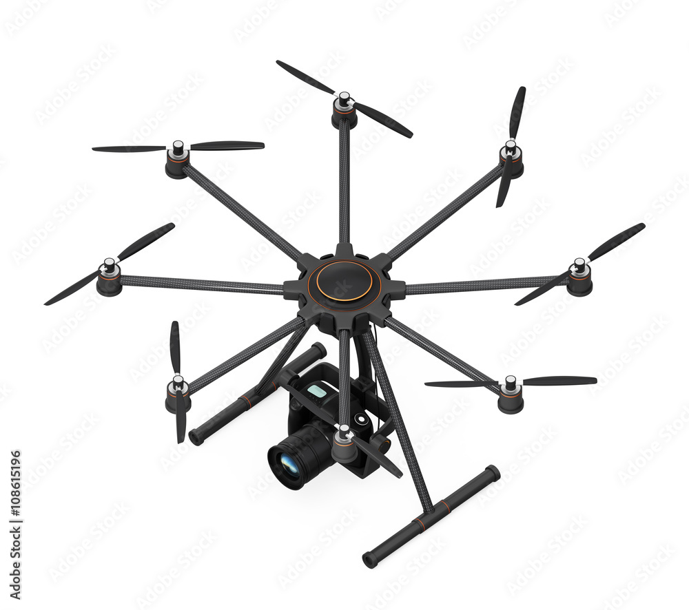 带单反相机的Octocopter，隔离在白色背景上。带剪切路径的3D渲染图像。