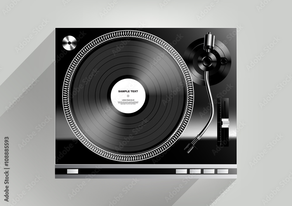 Vinyl record player on grey background and long shadow, Vector