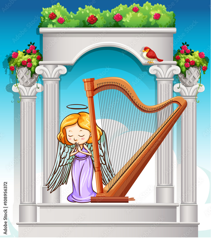 Fairy playing harp in heaven