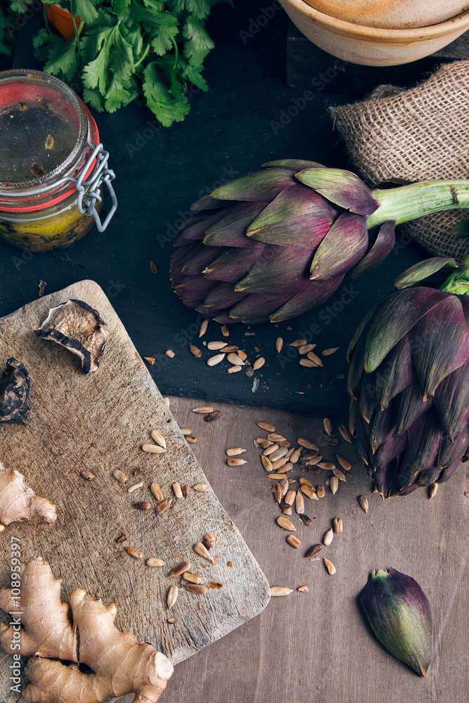 Organic still life with ginger and artichokes