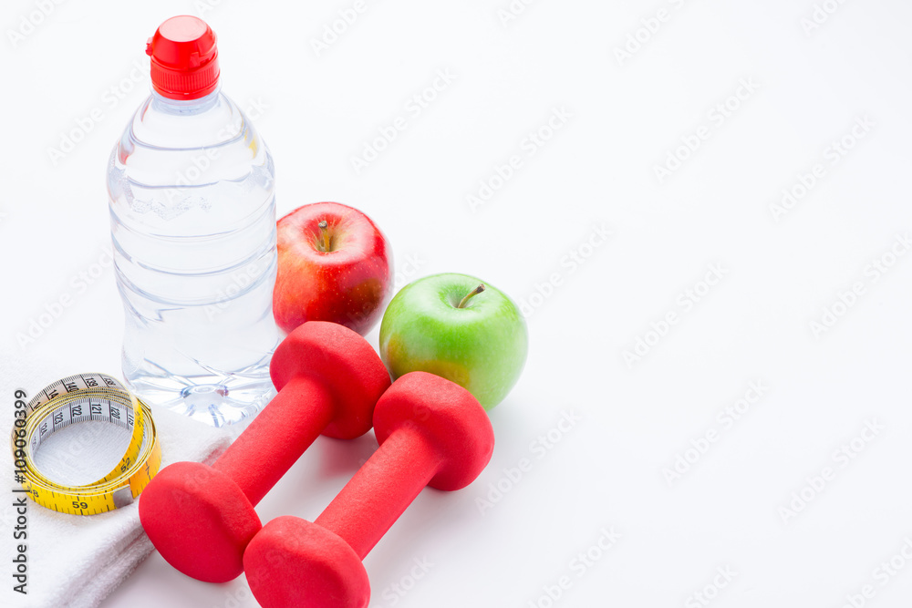 Workout plan and sports equipment top view close-up