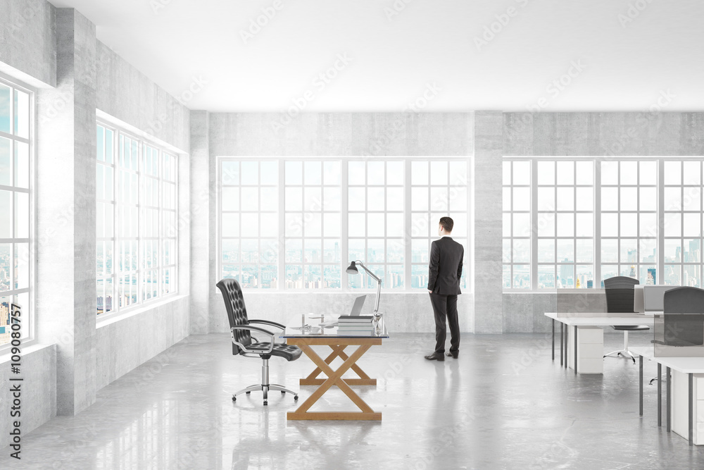 Manager looking to the window in a open space office, 3D Render