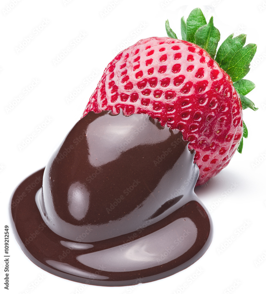 Strawberry dipped in chocolate fondue.