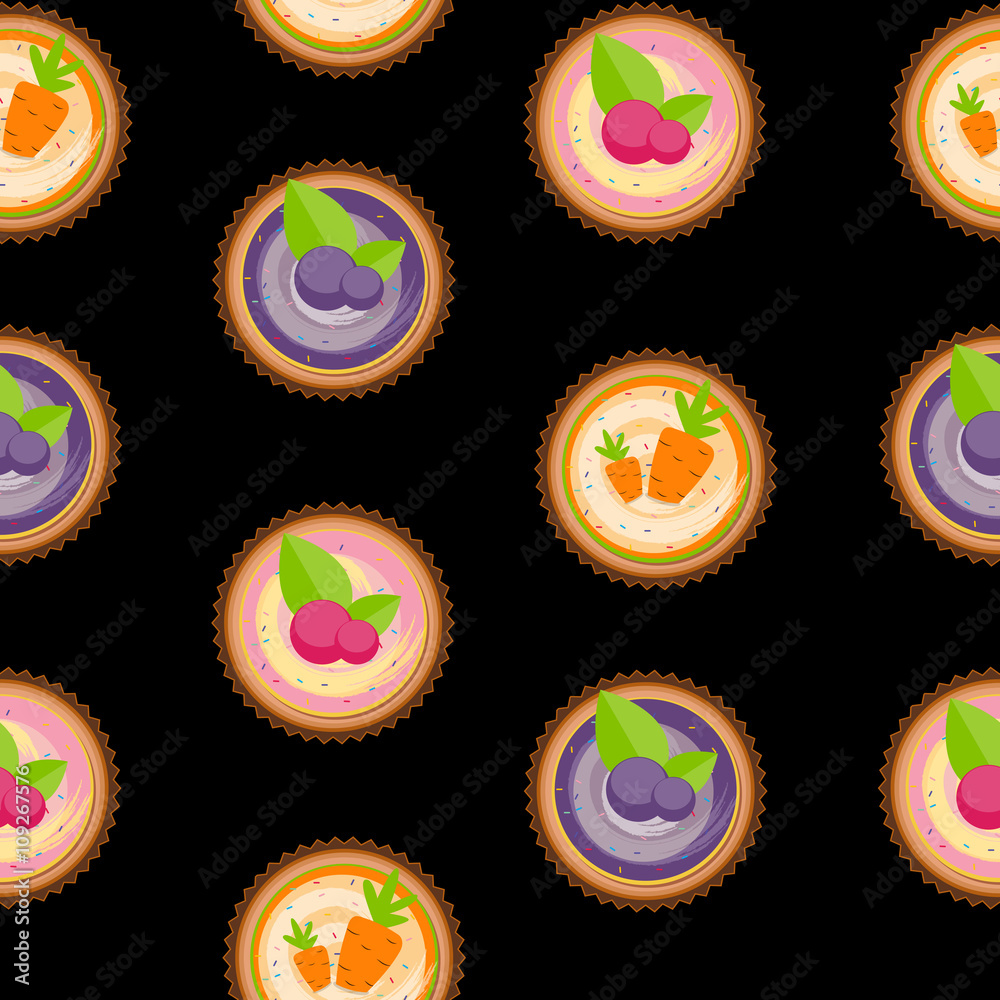 Sweet Cakes with Berry and Carrot Seamless Pattern Background