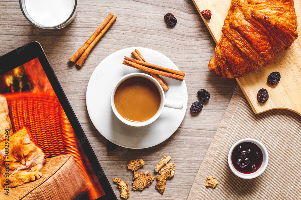 breakfast at home on wooden table with cup of  coffee