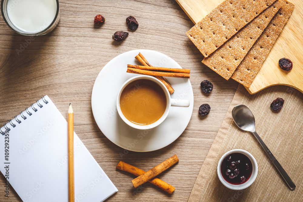 breakfast at home on wooden table with cup of  coffee