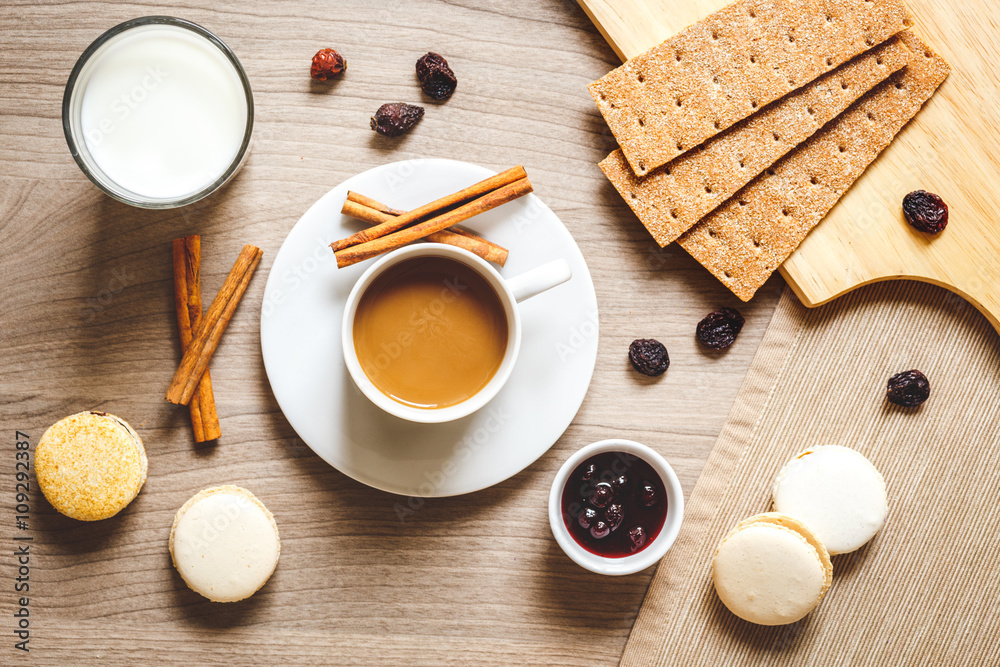 breakfast at home on wooden table with cup of  coffee