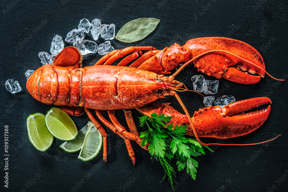 Top view of whole red lobster with ice and lime