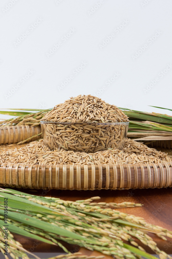 Glass bowl of paddy on background,,shallow Depth of Field,Focus on rice.