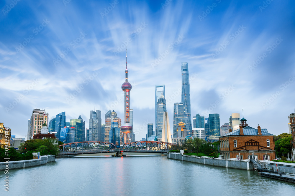 Beautiful modern city at dusk in Shanghai, China