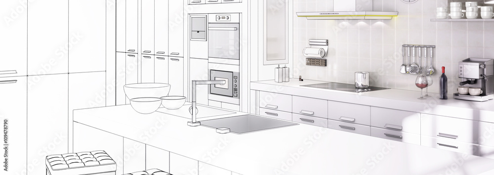 Kitchen in White (panoramic draft)