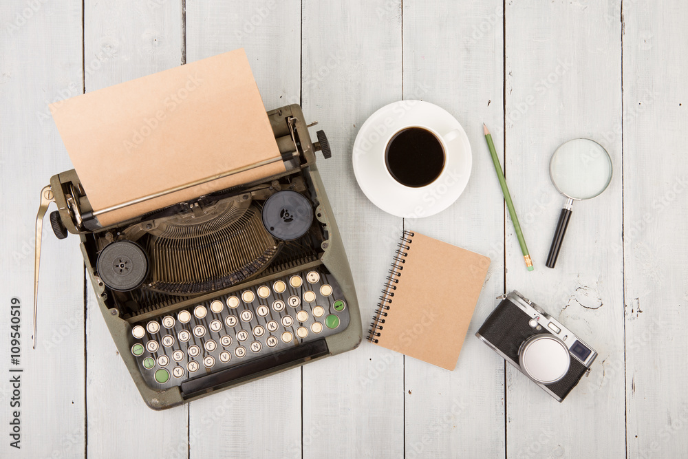 writers workplace - wooden desk with typewriter