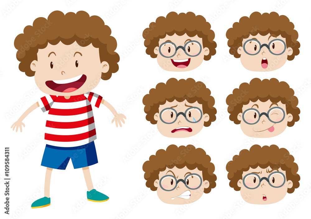 Boy with curly hair and many expressions