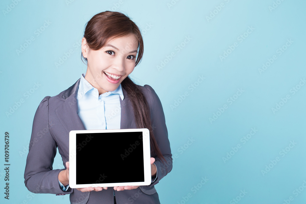 business woman show tablet pc